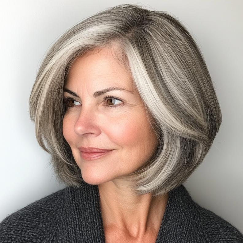 A flattering gray layered bob with face-framing highlights for women over 50, enhancing facial features.