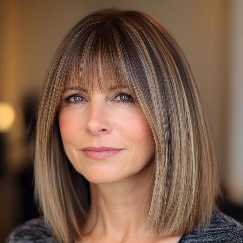 A flattering long bob hairstyle for women over 40, paired with face-framing bangs that enhance the natural shape of the face