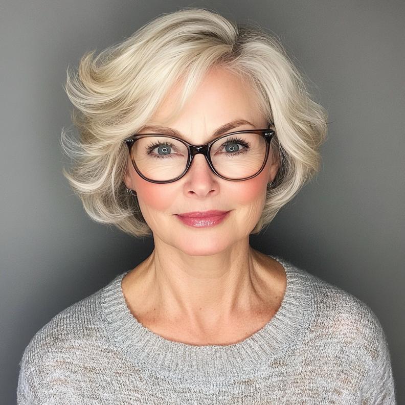 A flipped-out bob, a playful and retro short hairstyle for women over 50 with glasses, with ends flipped outward for a vintage flair.