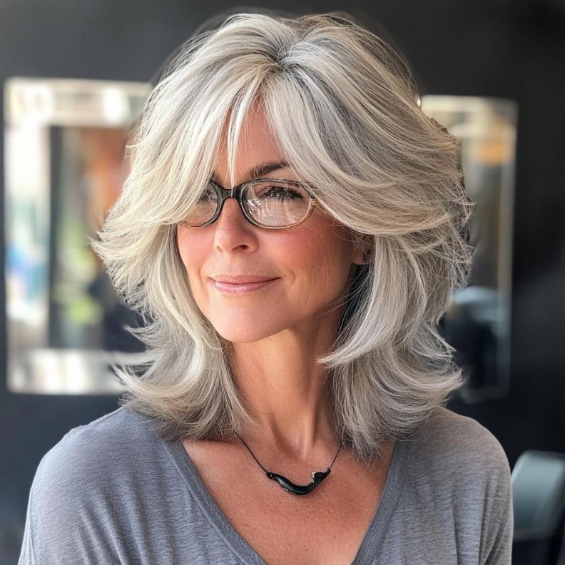 A fun gray layered cut with flipped-out ends for women over 50, adding a playful touch to the style.