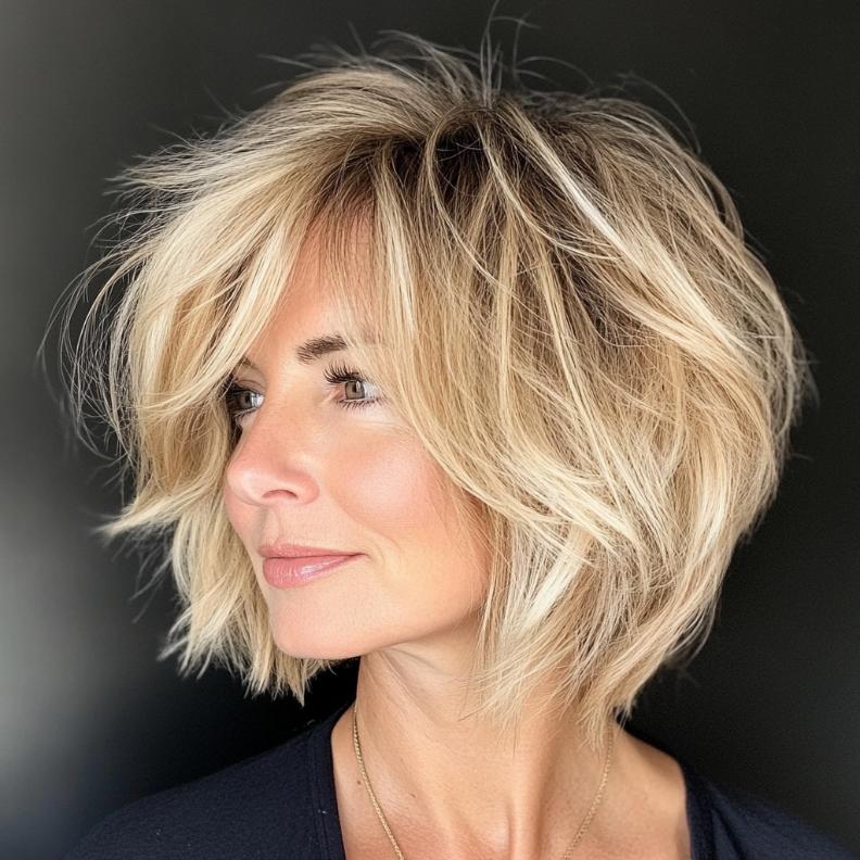 A laid-back messy bob hairstyle for women over 40, paired with side bangs for an effortlessly chic look.