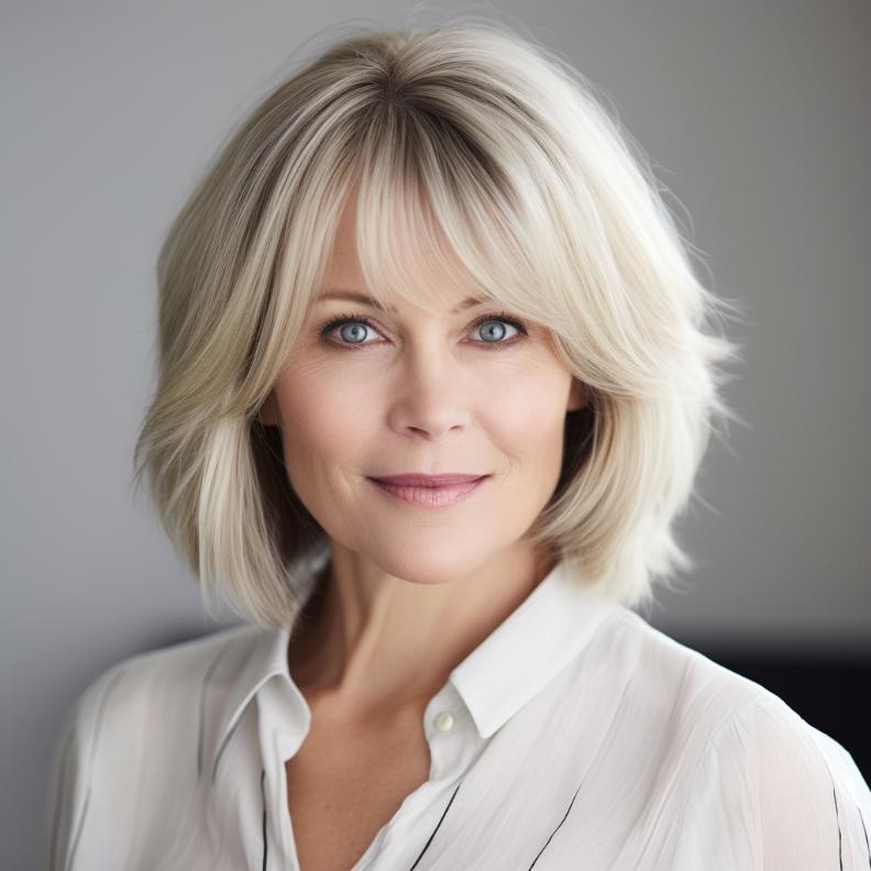 A layered bob with side bangs, softening facial features, perfect for women over 50 with round faces.