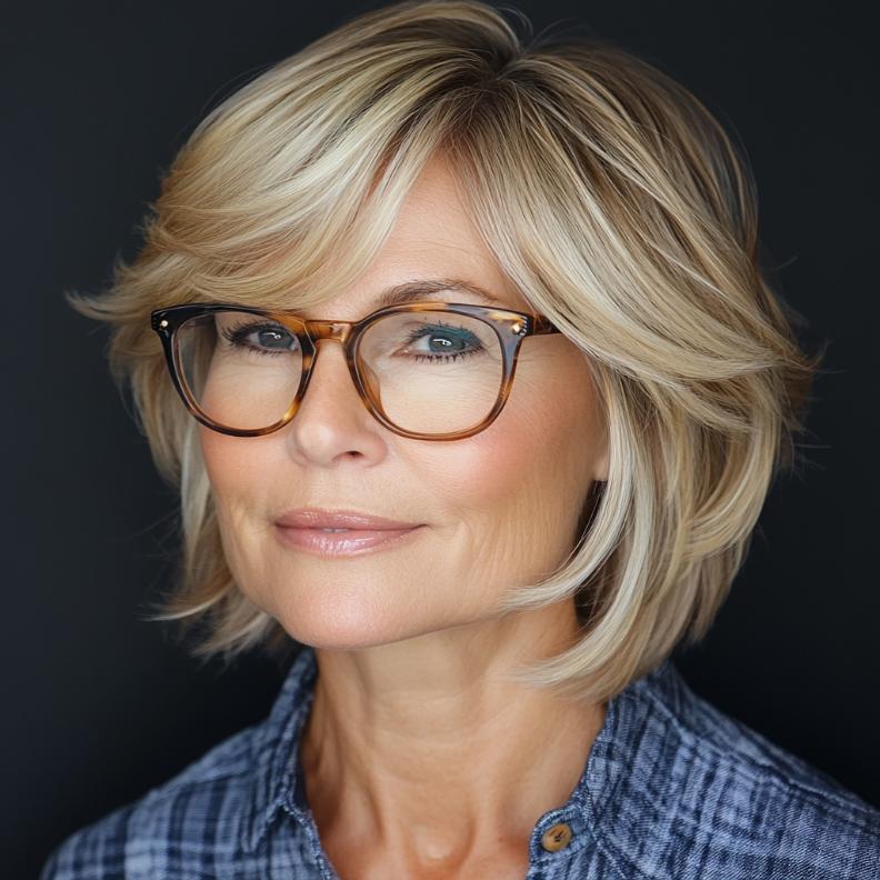 A layered bob with side bangs, the perfect short hairstyle for women over 50 with glasses, adding volume and framing the face beautifully.