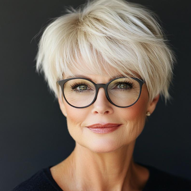 A layered crop with fringe, a sophisticated short hairstyle for women over 50 with glasses, softening the face and highlighting the eyes.