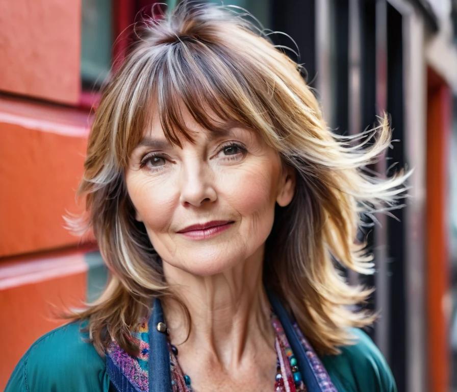 A layered shag haircut with full bangs, adding volume and depth, ideal for creating a youthful look for women over 50.