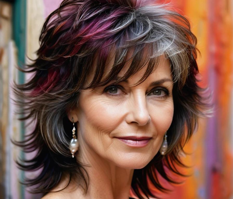 A layered shag hairstyle featuring delicate feathered ends, adding volume and movement to the hair, ideal for women over 50.