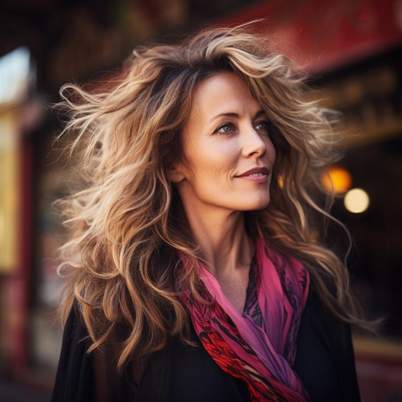 A layered shag hairstyle with loose curls, creating a romantic and feminine touch for women over 50.