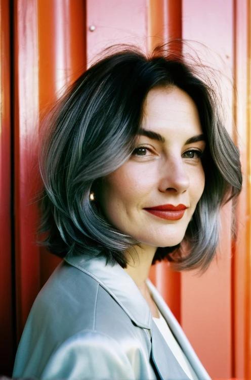 A layered silver long bob (lob) that adds depth and movement, creating a graceful and contemporary style.