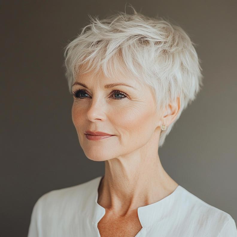 A light and airy Feathered Pixie, a graceful short hairstyle for women over 70.