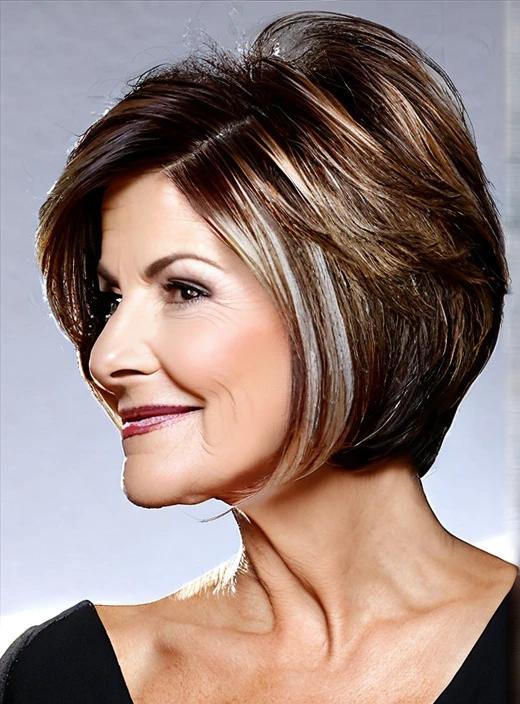 A-line bob medium-length hairstyle for women over 60, angled for a chic and fashionable look.