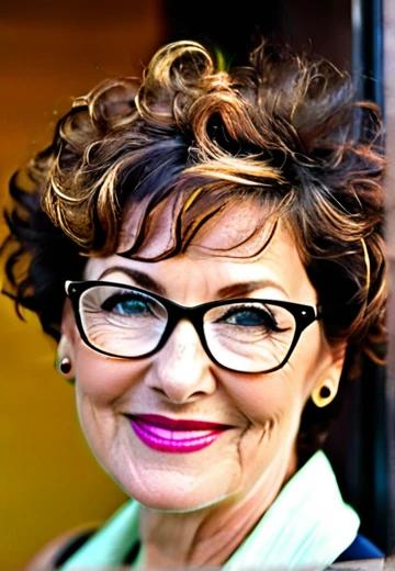 A lively, curly pixie cut that adds volume and style for mature women with glasses.