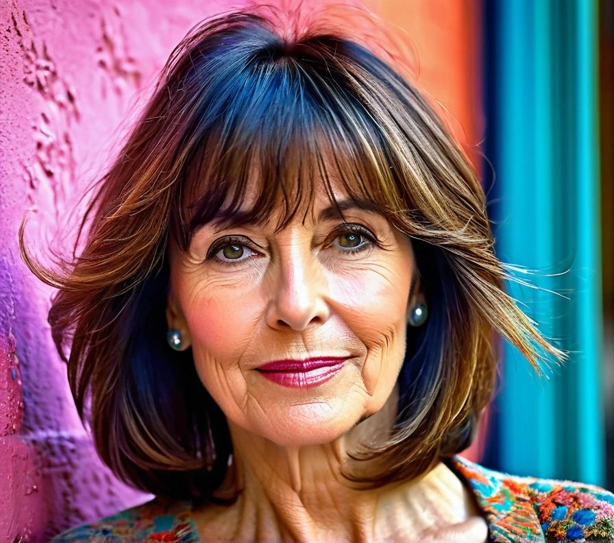 A long bob with side-swept bangs, softening the roundness of the face, ideal for women over 50.