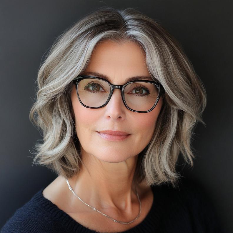 A longer bob with soft, flowing waves, offering a relaxed and feminine style for women over 40 with glasses