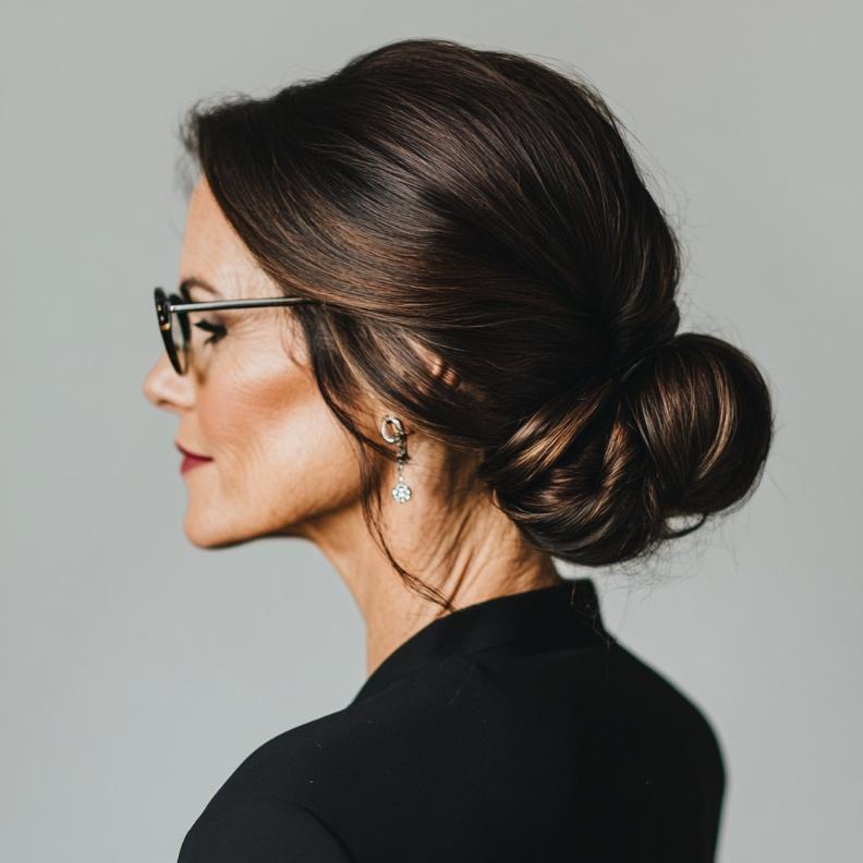 A low, elegant chignon that is perfect for formal occasions, adding a touch of class to women over 40 with glasses.