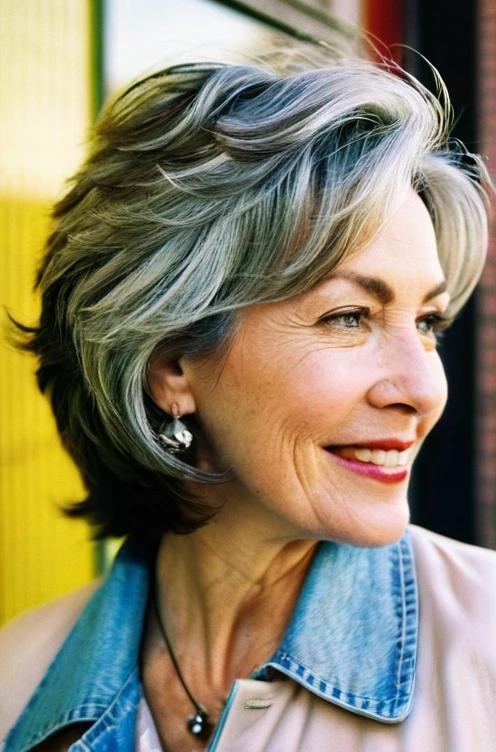 A mature and stylish haircut with silver piecey layers that add texture and dimension.