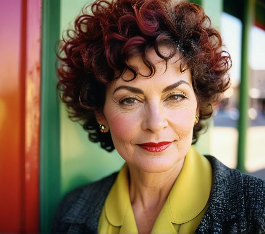 A mature woman embracing her natural curls with a curly pixie cut, giving her a youthful and playful look.