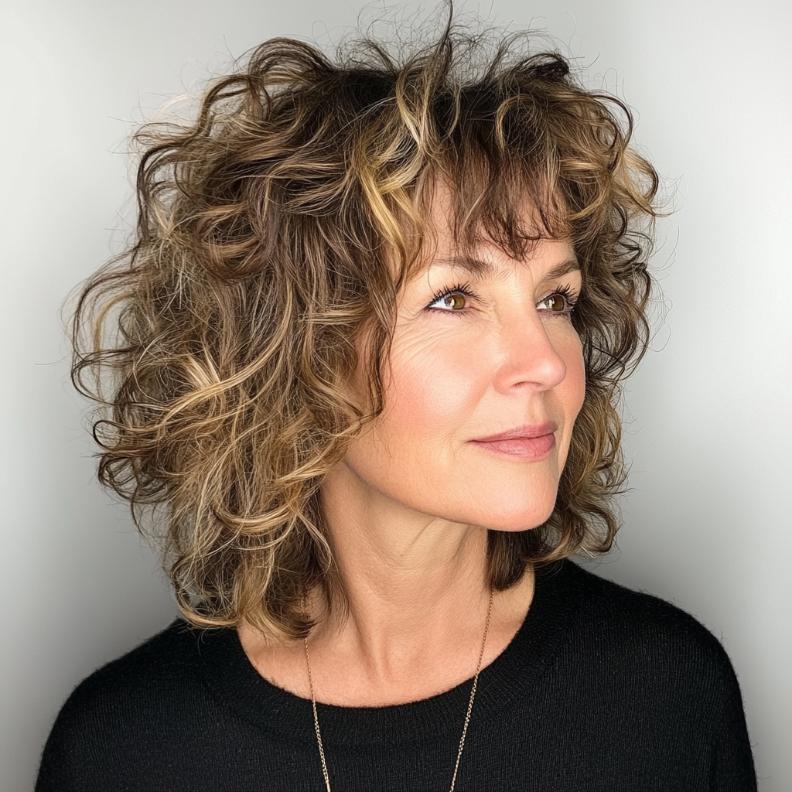 A mature woman with a curly shag haircut, combining volume and texture for a playful and youthful appearance.