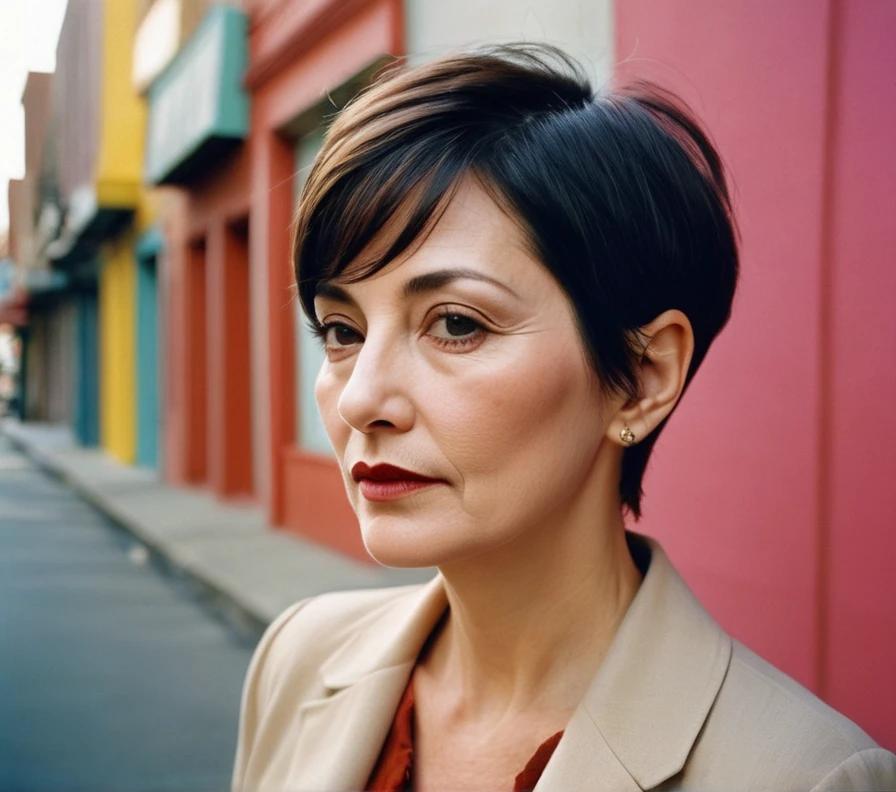 A mature woman with a pixie cut, featuring a side undercut for an asymmetrical, modern style.