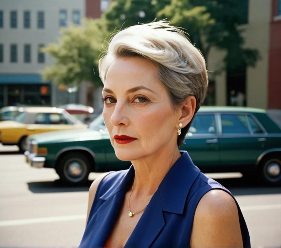 A mature woman with a slicked-back pixie cut, exuding elegance and sophistication, perfect for formal occasions.