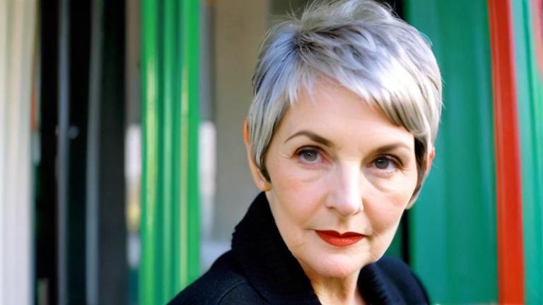 A mature woman with naturally grey hair styled in a silver fox pixie cut.