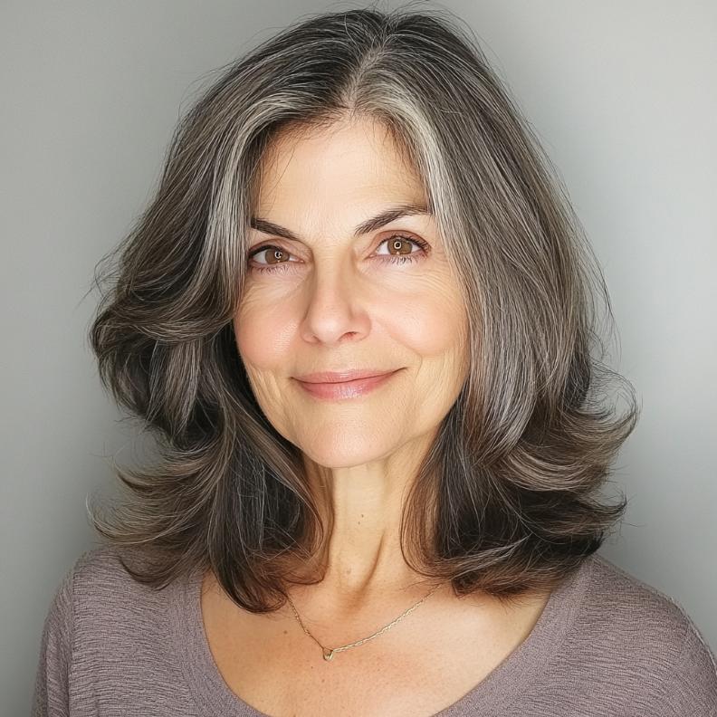 A mature woman with shoulder-length hair, layered softly for added volume and movement.