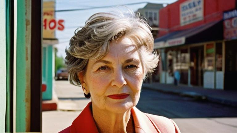 A mature woman with soft waves in her short pixie haircut, adding a gentle touch.