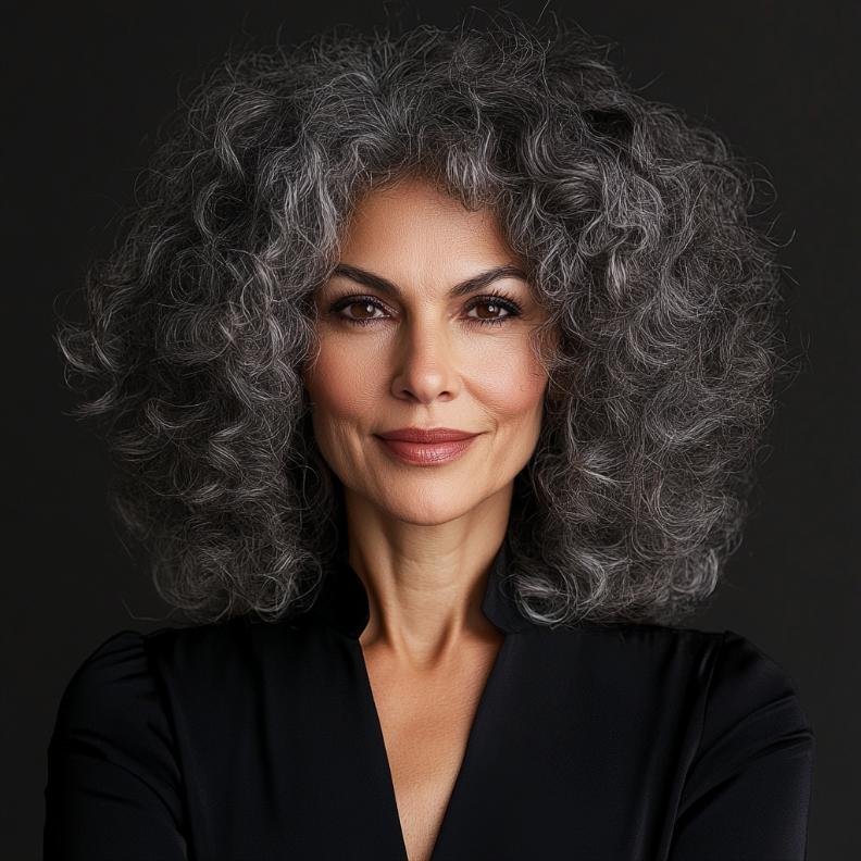 A mature woman with voluminous, bouncy curls, exuding confidence and flair.