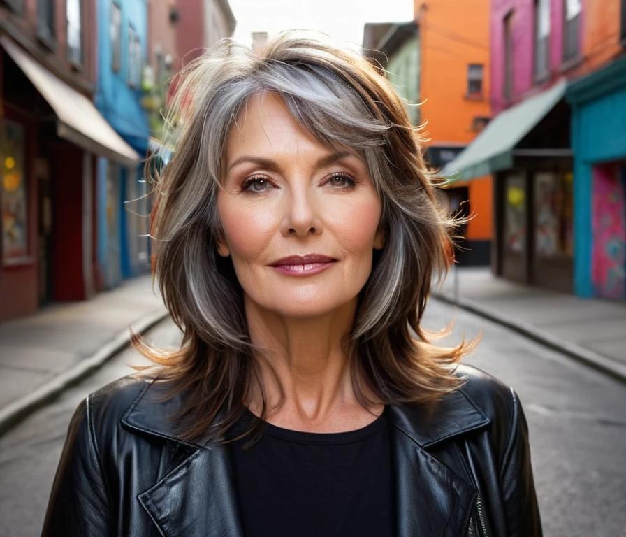 A medium-length shag haircut with expertly crafted face-framing layers, enhancing the facial features of women over 50.