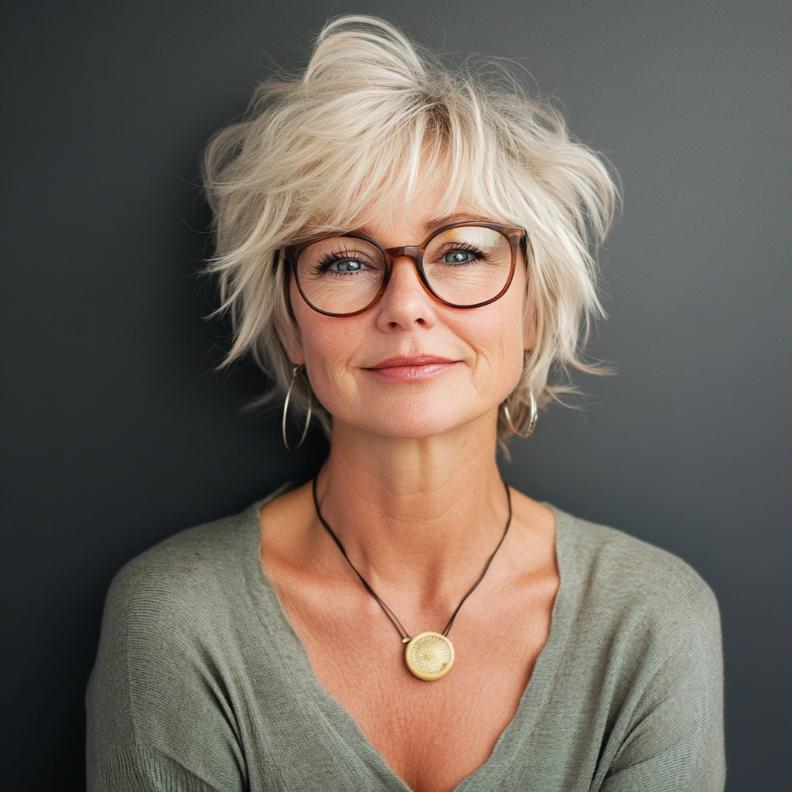 A messy shag, a carefree and textured short hairstyle for women over 50 with glasses, perfect for a relaxed and trendy look.