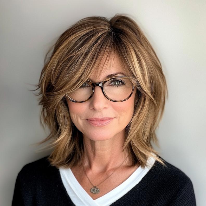 A mid-length cut with layers that add movement and dimension, perfect for women over 40 with glasses.