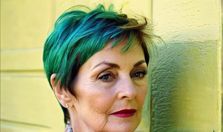 A minimalist pixie haircut on a mature woman, cropped close to the head.