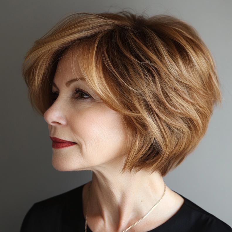 A modern Textured Short Bob with added dimension, a fashionable short hairstyle for women over 70.