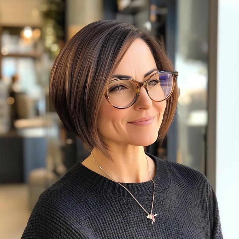 A modern, asymmetrical bob with one side longer than the other, adding an edgy touch for women over 40 with glasses.