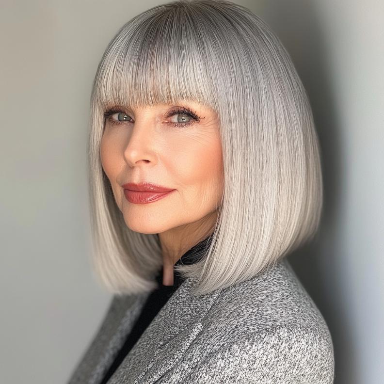 A modern gray blunt cut bob with bangs for women over 50, offering a chic and youthful style.