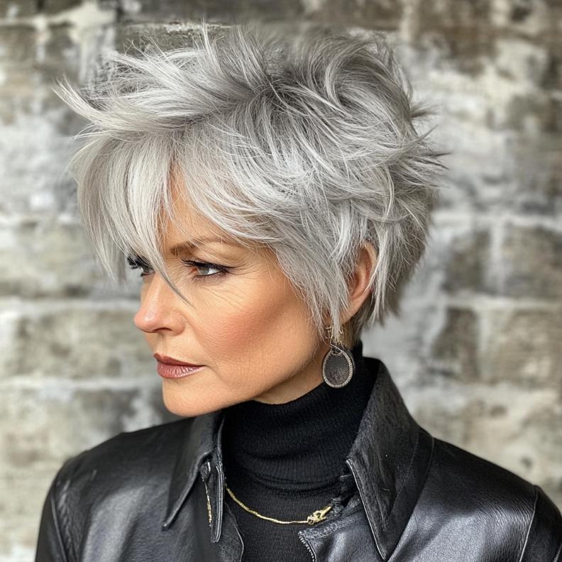 A modern gray textured crop with layers for women over 50, offering a bold and edgy hairstyle.