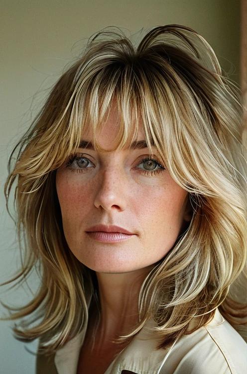 A modern haircut featuring piecey layers and curtain bangs, ideal for adding volume and texture to mature hair.