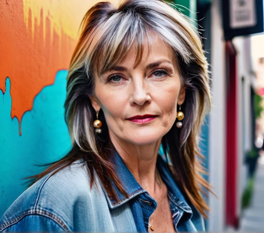 A modern mullet with shorter layers on top and longer in the back, adding edge and dimension, ideal for women over 50 with round faces.