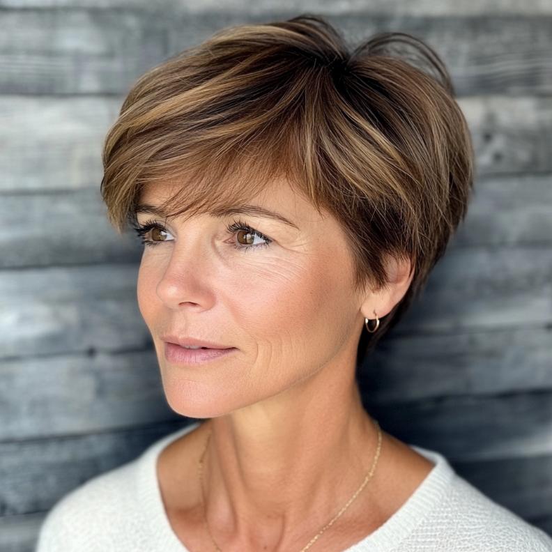 A modern pixie cut for women over 40, styled with layers and side-swept bangs for added volume and a youthful edge.