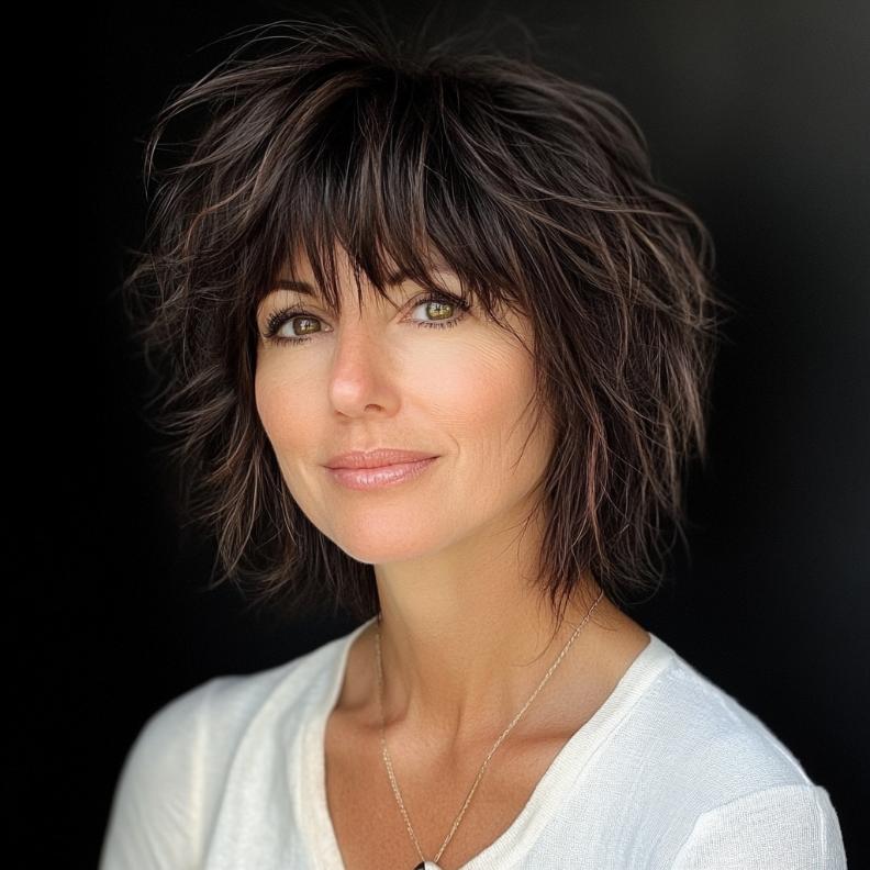 A modern short shag haircut for women over 40, styled with wispy bangs that add texture and a carefree vibe.