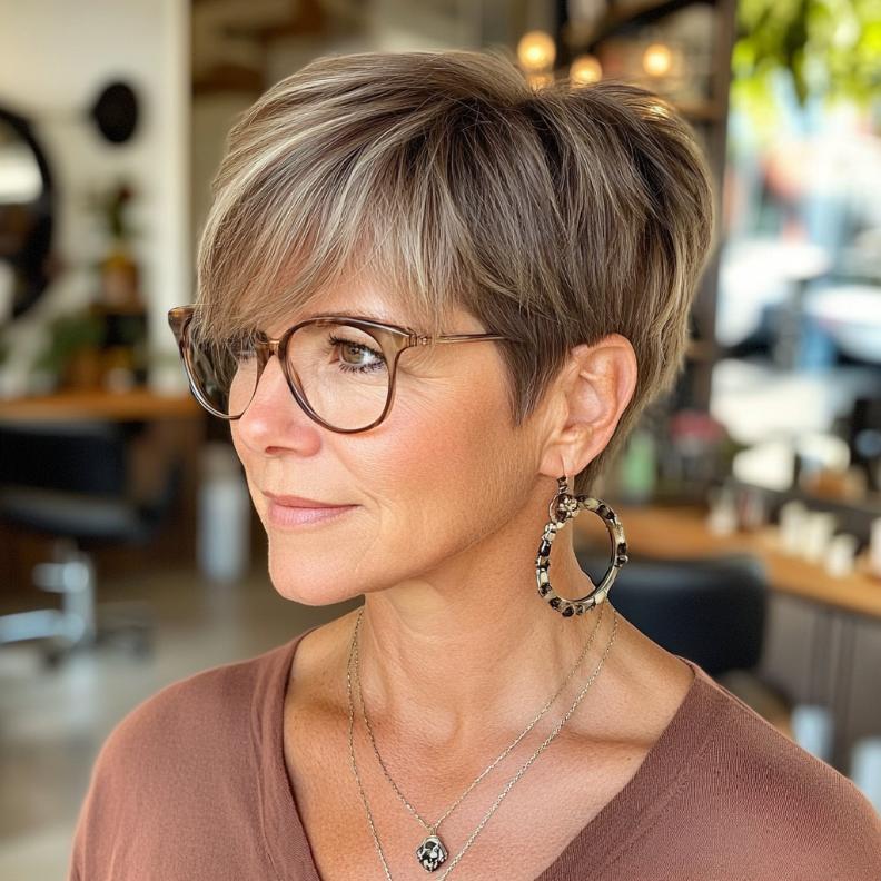 A modern textured pixie cut for women over 40, highlighted by long bangs that add depth and a trendy edge.