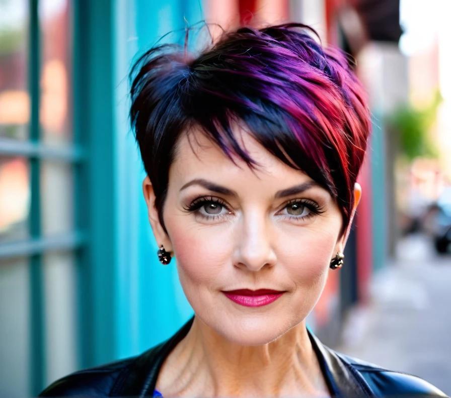 A pixie cut with an undercut, adding an edgy vibe while balancing the face shape, suitable for women over 50 with round faces.