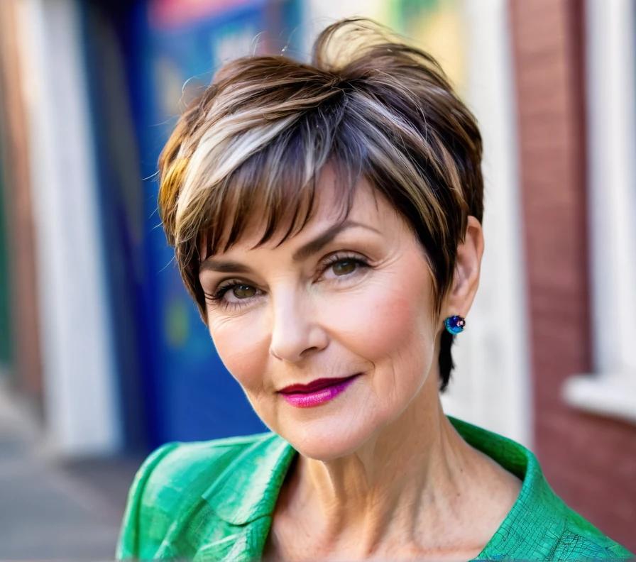 A pixie cut with longer bangs, creating a more balanced look for women over 50 with round faces.