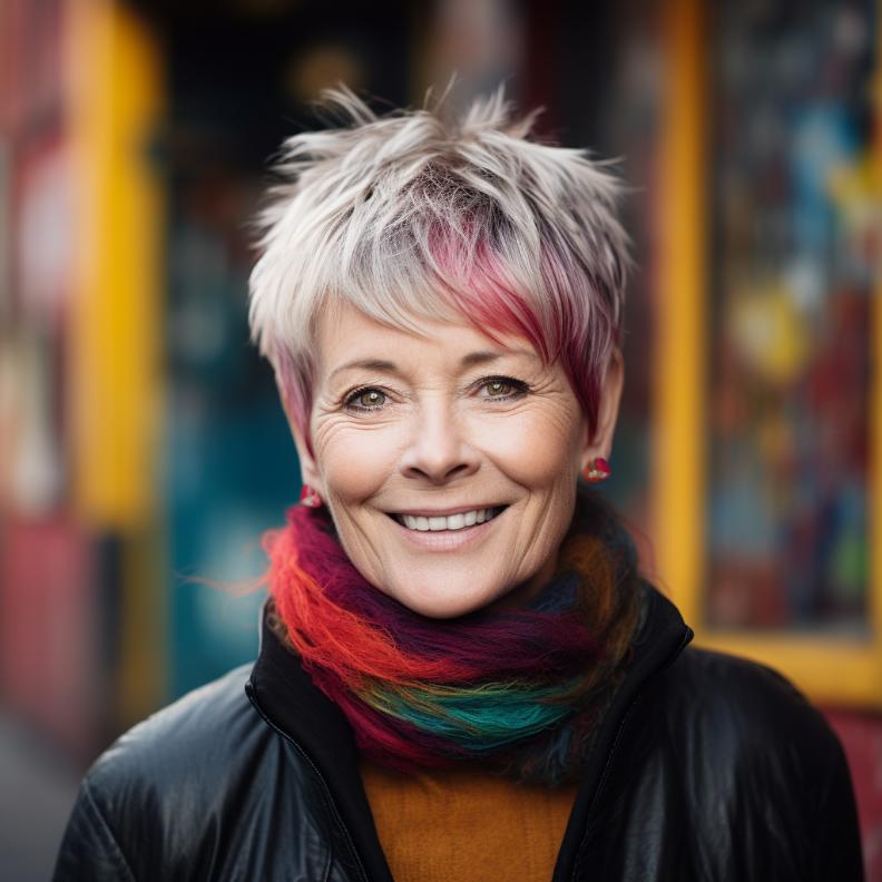 A pixie cut with side-swept bangs for women over 50, adding structure and sharpness to round faces.