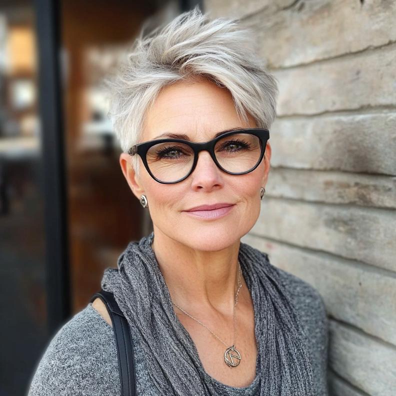 A pixie with an undercut, an edgy and bold short hairstyle for women over 50 with glasses, offering a modern and unique style.