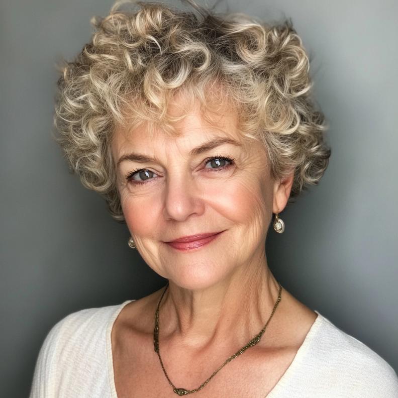 A playful Short Curly Pixie with tight curls, a youthful short hairstyle for women over 70.