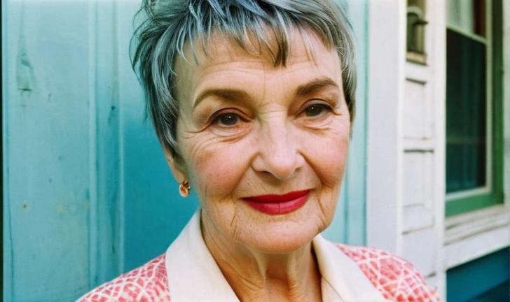 A playful and youthful pixie cut on an elderly woman, featuring short baby bangs.