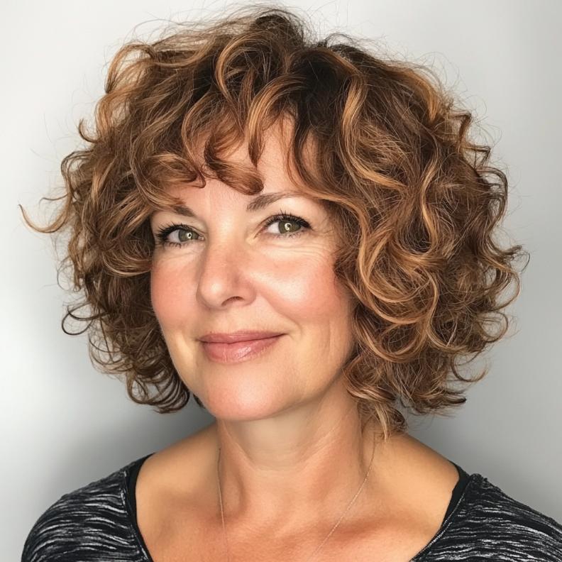 A playful curly bob haircut for women over 40, featuring natural curls paired with matching curly bangs for a cohesive look.