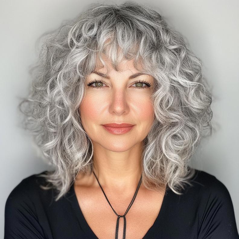 A playful gray curly bob with a fringe for women over 50, adding a youthful and energetic vibe.