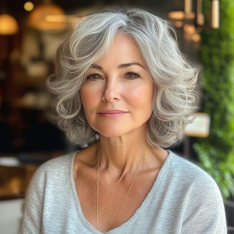 A playful gray short bob with soft curls for women over 50, offering a youthful and bouncy style.