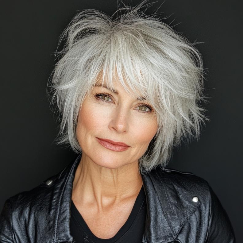 A playful gray short shaggy layered cut for women over 50, offering a fun and edgy look.